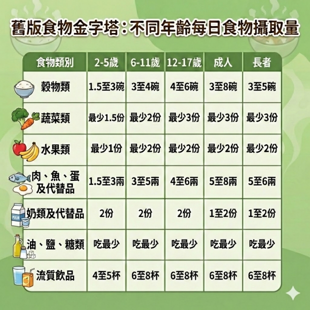 舊版食物金字塔：不同年齡每日食物攝取量