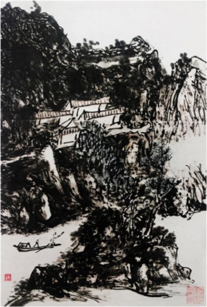 黄賓虹《泛舟图》，宣纸、水墨，1950年