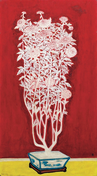 藝術家靜物主題作品世界拍賣紀錄《青花盆中盛開的菊花》 油彩 纖維板 110 x 60 公分 （43 1/4 x 23 5/8英寸） 1940 – 1950年代作 成交價：港元191,620,000（2020年7月10日）